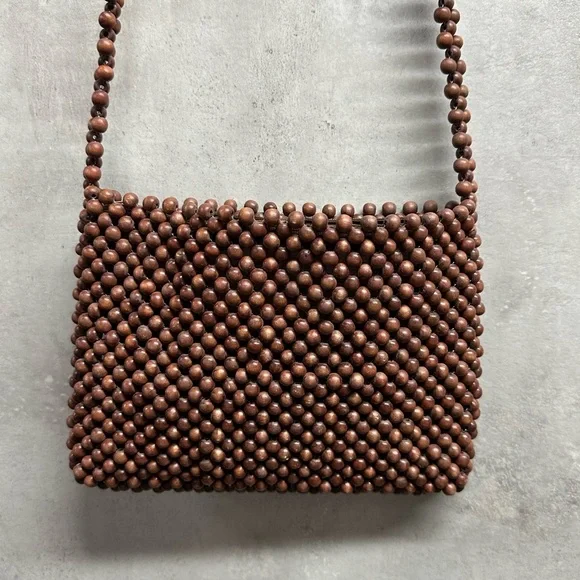 Classiques Entier‎ Wooden Beaded Small Purse Bag Brown Crossbody Boho Zip - Picture 7 of 12
